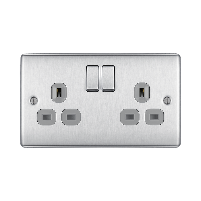 Metallic electrical switch with multiple sockets and switches on a white background