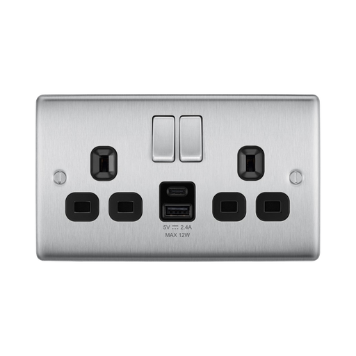 BG Nexus Metal Brushed Steel 13A Double USB Socket with 12W A+C Ports NBS22UAC12B Available from RS Electrical Supplies