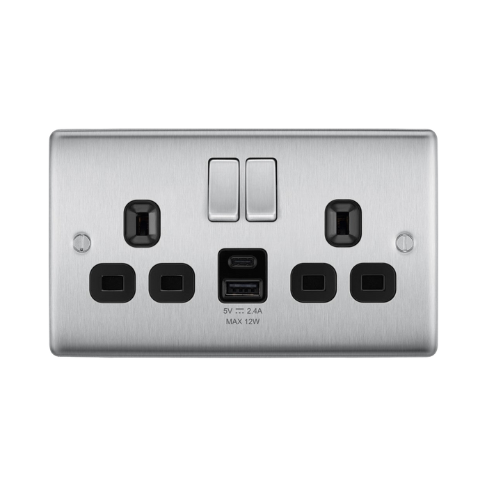 BG Nexus Metal Brushed Steel 13A Double USB Socket with 12W A+C Ports NBS22UAC12B Available from RS Electrical Supplies