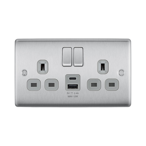 BG Nexus Metal Brushed Steel 13A Double USB Socket with 12W A+C Ports NBS22UAC12G Available from RS Electrical Supplies
