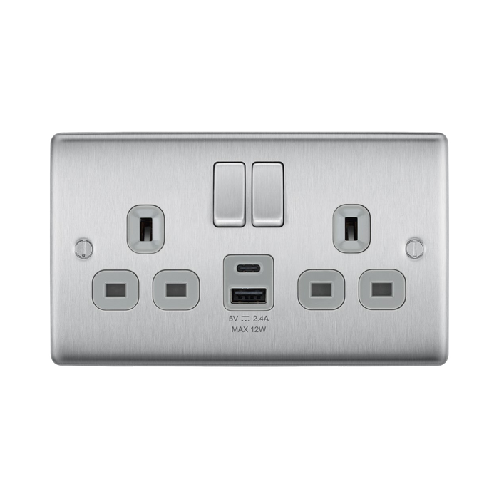 BG Nexus Metal Brushed Steel 13A Double USB Socket with 12W A+C Ports NBS22UAC12G Available from RS Electrical Supplies