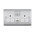 BG Nexus Metal Brushed Steel 13A Double USB Socket with 12W A+C Ports NBS22UAC12W Available from RS Electrical Supplies