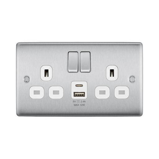 BG Nexus Metal Brushed Steel 13A Double USB Socket with 12W A+C Ports NBS22UAC12W Available from RS Electrical Supplies