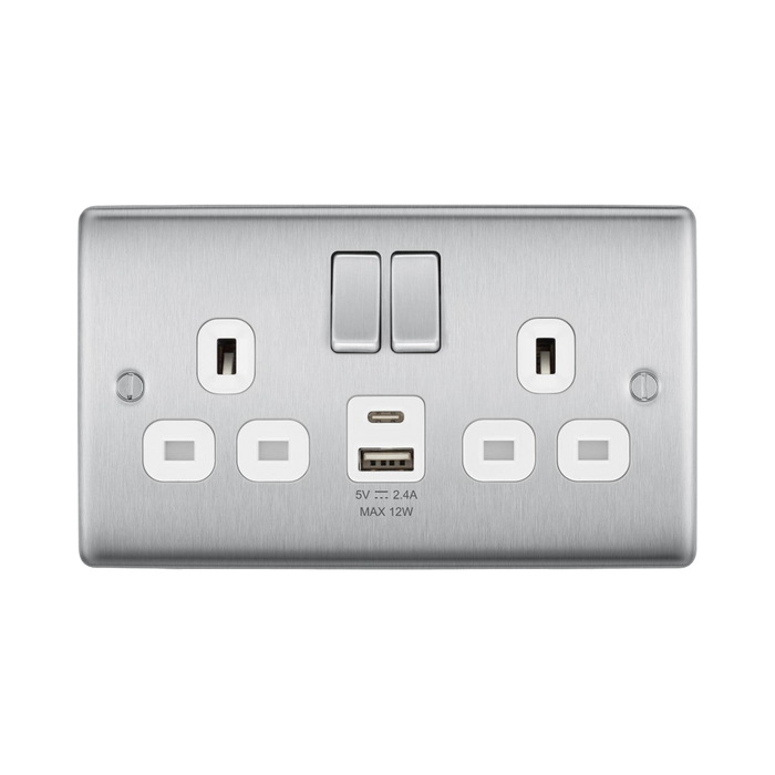 BG Nexus Metal Brushed Steel 13A Double USB Socket with 12W A+C Ports NBS22UAC12W Available from RS Electrical Supplies