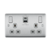 Silver electrical socket with multiple outlets and USB ports on a white background