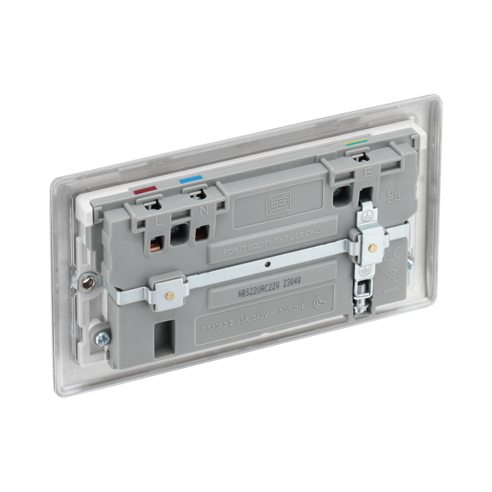 Silver electrical socket with multiple outlets and USB ports on a white background back