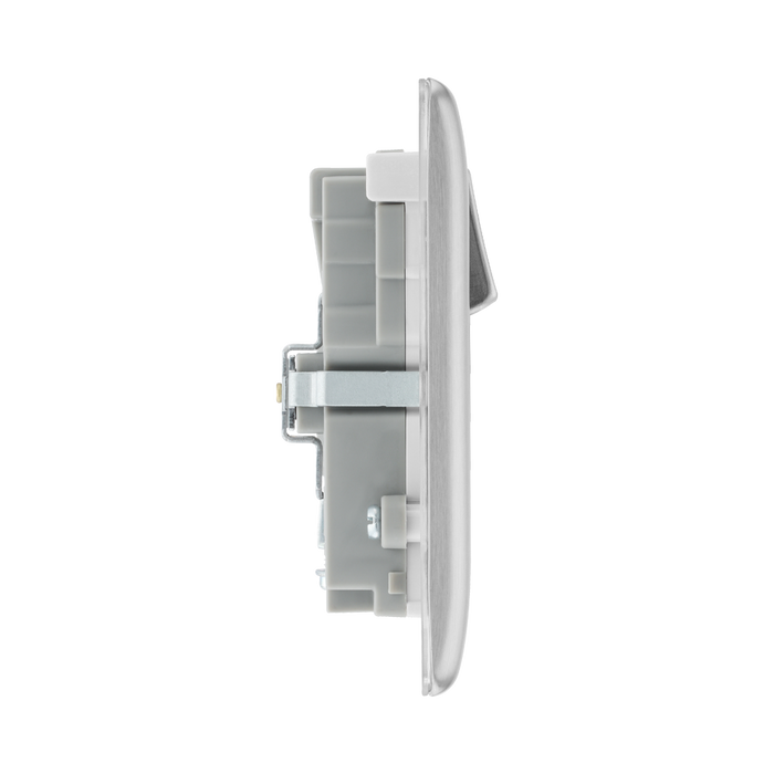 Silver electrical socket with multiple outlets and USB ports on a white background profile