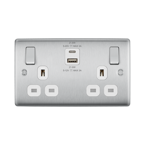 Silver electrical socket with multiple outlets and USB ports on a white background