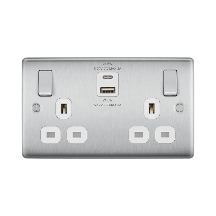 Silver electrical socket with multiple outlets and USB ports on a white background
