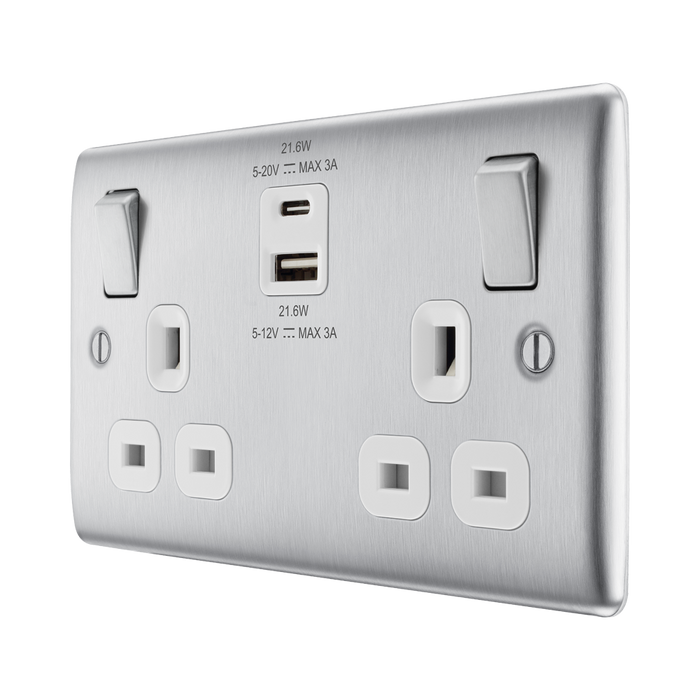 Silver electrical socket with multiple outlets and USB ports on a white background side