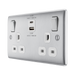 Silver electrical socket with multiple outlets and USB ports on a white background side
