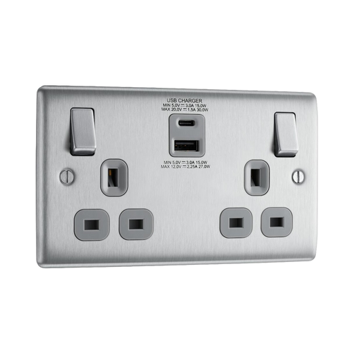 BG Nexus Metal Brushed Steel 13A Double USB Socket with 30W A+C Ports NBS22UAC30G Available from RS Electrical Supplies