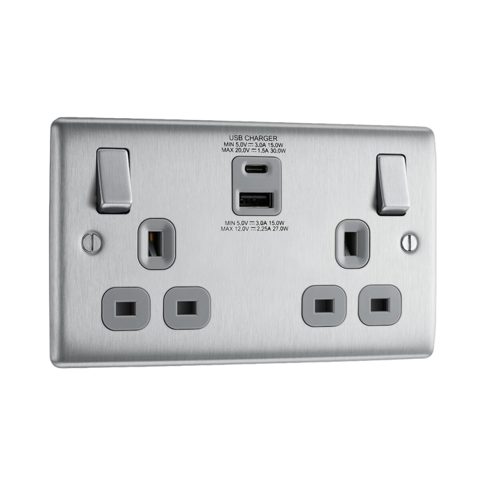BG Nexus Metal Brushed Steel 13A Double USB Socket with 30W A+C Ports NBS22UAC30G Available from RS Electrical Supplies