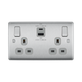 Silver electrical socket with multiple outlets and USB ports on a white background