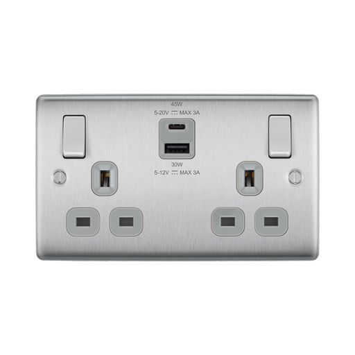 Silver electrical socket with multiple outlets and USB ports on a white background