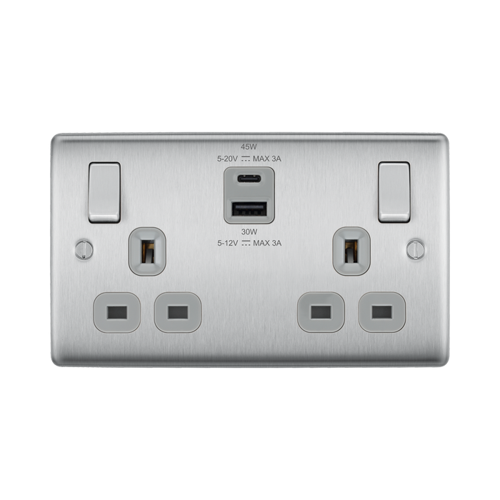 Silver electrical socket with multiple outlets and USB ports on a white background
