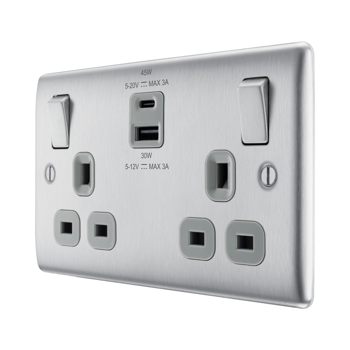 BG Nexus Metal Brushed Steel 13A Double USB Socket with 45W A+C Ports NBS22UAC45G