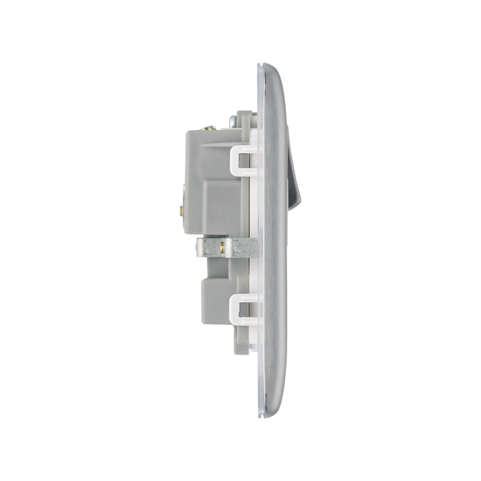 Metallic light switch with multiple sockets and switches on a white background profile