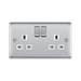 Metallic light switch with multiple sockets and switches on a white background