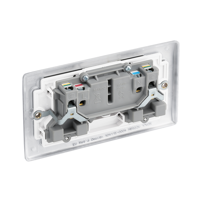 Metallic light switch with multiple sockets and switches on a white background back