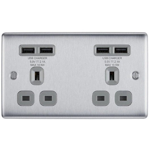 BG Nexus Metal Brushed Steel 13A Double USB Unswitched Socket NBS24U44G