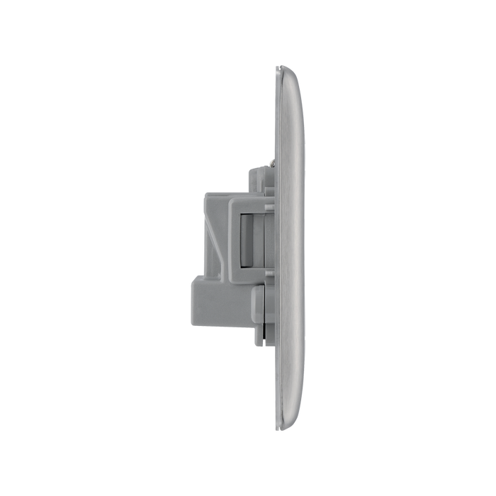 Metallic electrical socket with three sockets on a white background profile