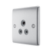 Metallic electrical socket with three sockets on a white background side