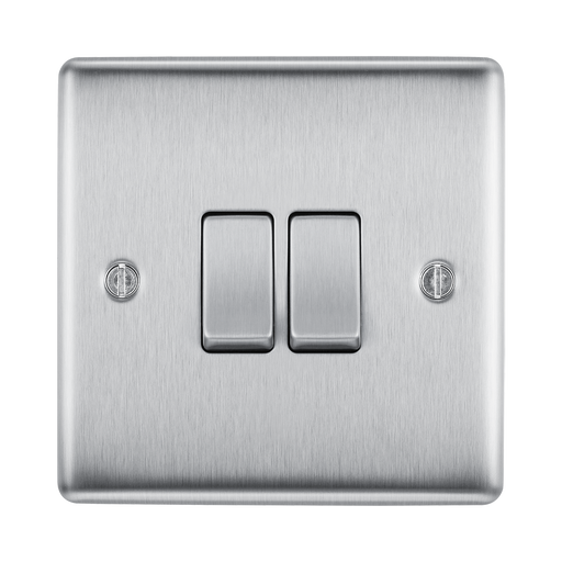 Front view of BG Nexus Metal Brushed Steel 2G Intermediate Light Switch NBS2GINT