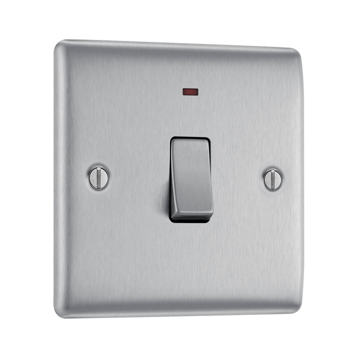 BG Nexus Metal Brushed Steel 20A Double Pole Switch with Neon NBS31 – angled front view
