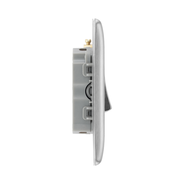 Metallic light switch panel with three toggle switches on a white background profile