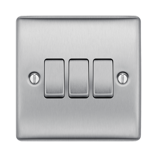 Metallic light switch panel with three toggle switches on a white background