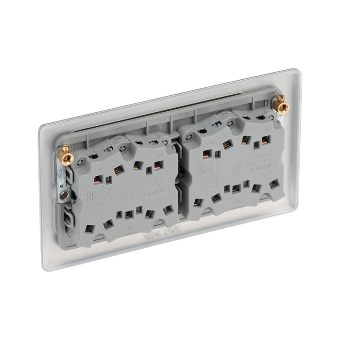 Metallic light switch panel with five rectangular buttons on a white background back
