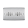 Metallic light switch panel with five rectangular buttons on a white background