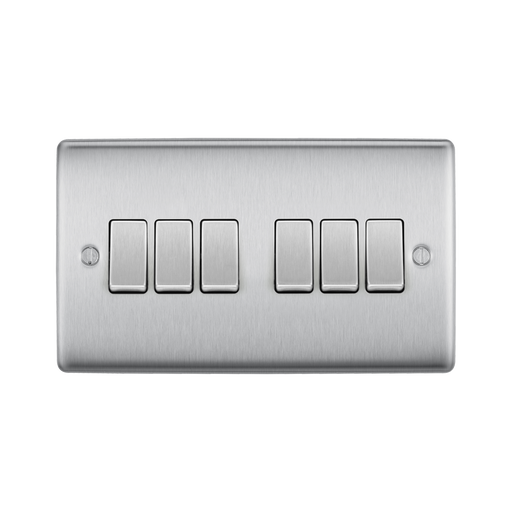 Metallic light switch panel with five rectangular buttons on a white background