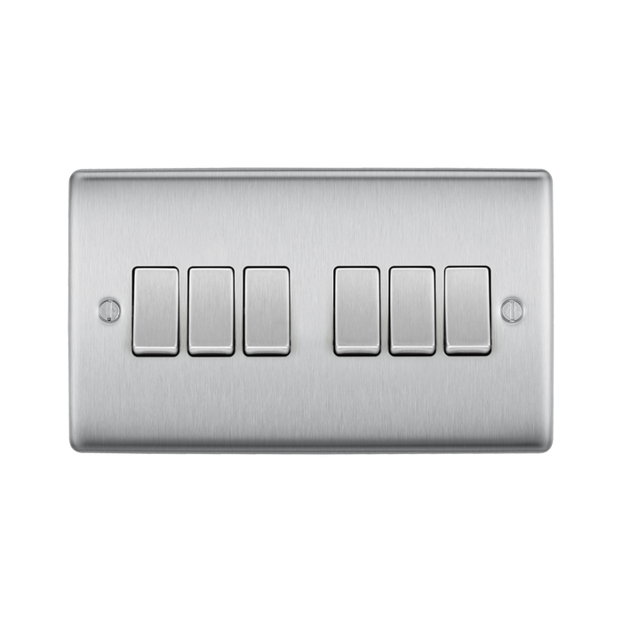 Metallic light switch panel with five rectangular buttons on a white background