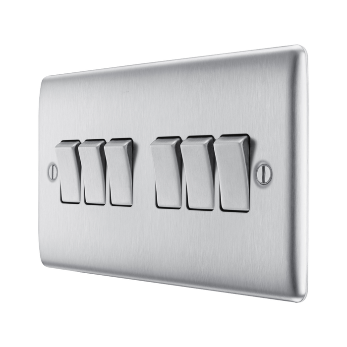 Metallic light switch panel with five rectangular buttons on a white background side