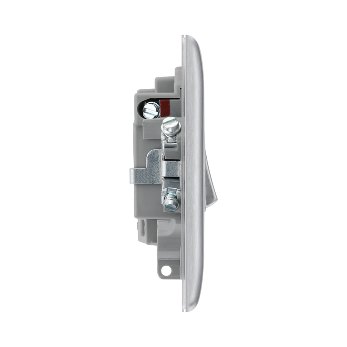 Metallic light switch with two toggle switches on a white background profile