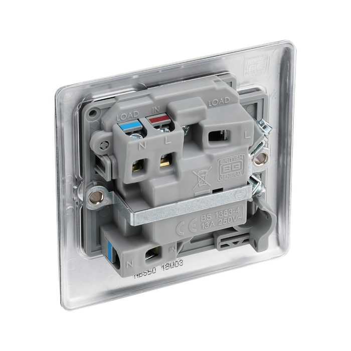 Metallic light switch with two toggle switches on a white background back