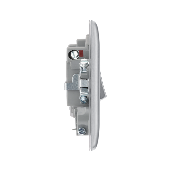 Metallic light switch with two toggle switches on a white background profile