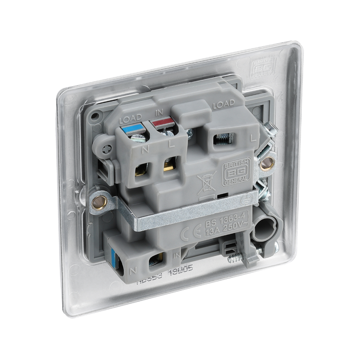 Metallic light switch with two toggle switches on a white background back