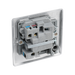 Metallic light switch with two toggle switches on a white background back
