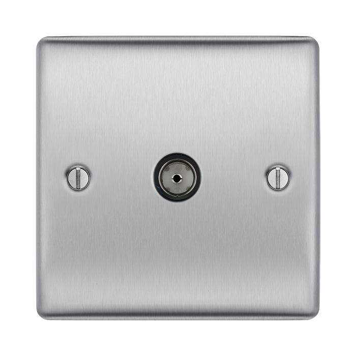 Metallic wall plate with TV socket on a white background