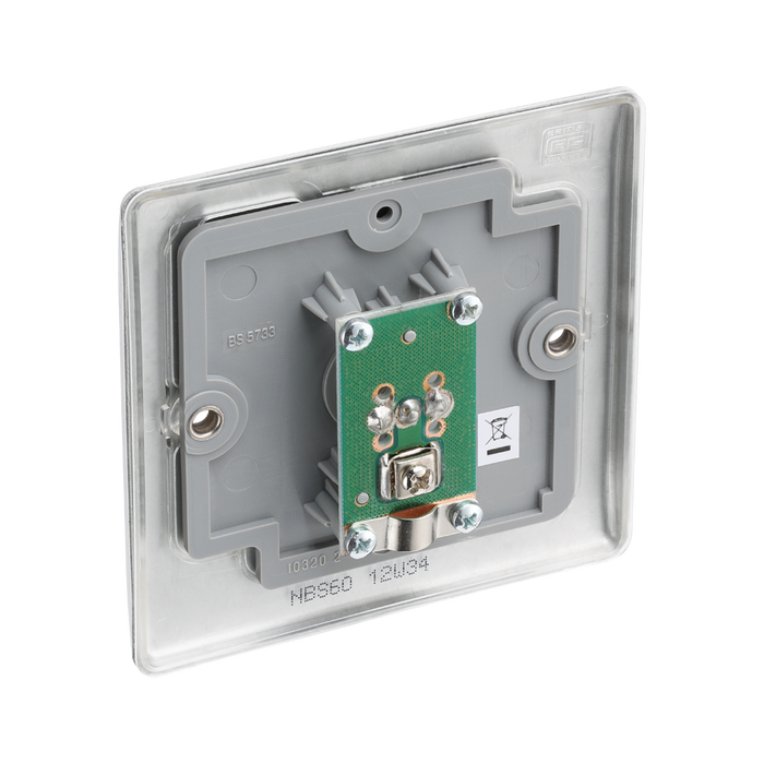 Metallic wall plate with TV socket on a white background back