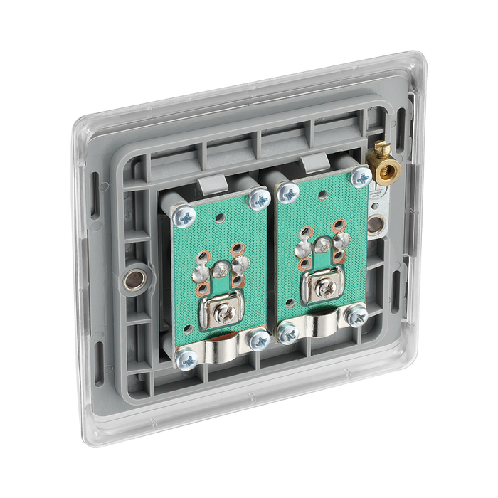 Metallic double socket cover with two coaxial sockets on a white background back