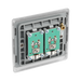 Metallic double socket cover with two coaxial sockets on a white background back