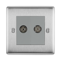 Metallic double socket cover with two coaxial sockets on a white background