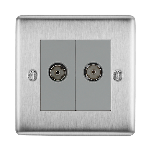 Metallic double socket cover with two coaxial sockets on a white background