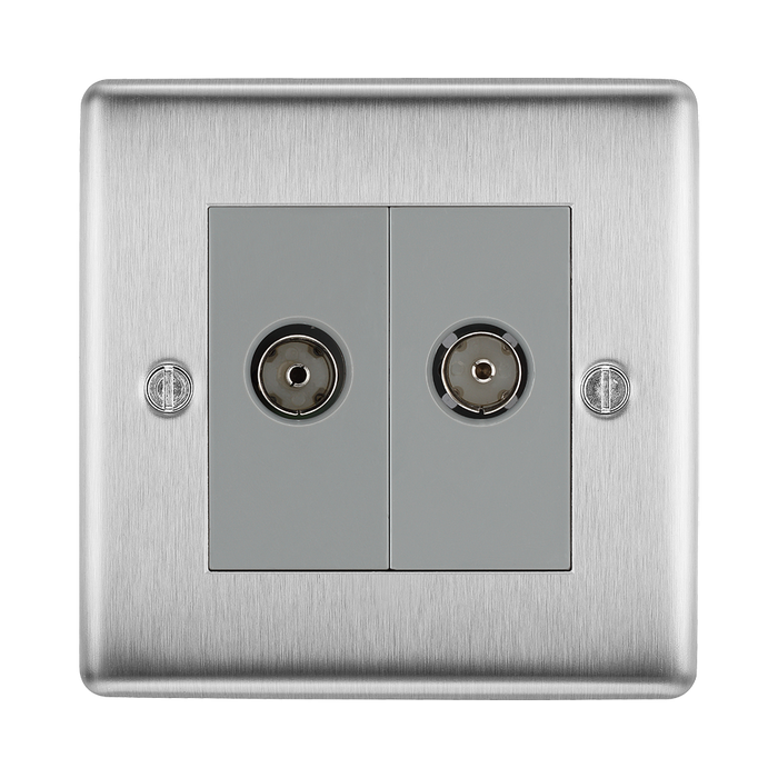 Metallic double socket cover with two coaxial sockets on a white background