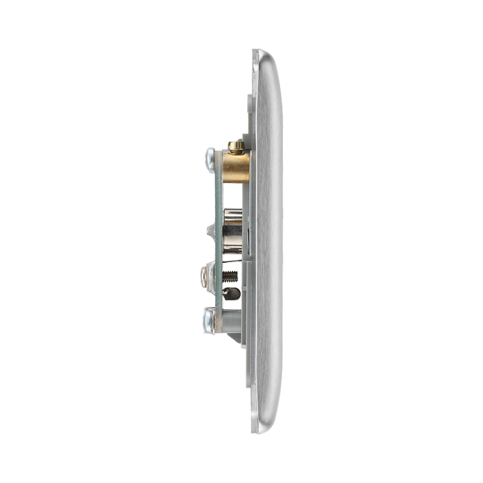 Metallic double socket cover with two coaxial sockets on a white background profile