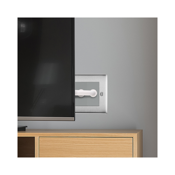 Metallic double socket cover with two coaxial sockets on a white background TV Setting